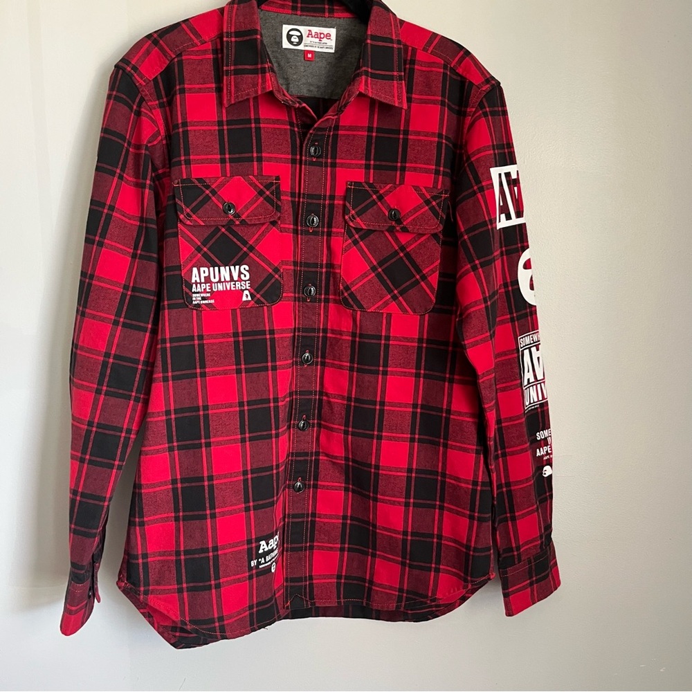 Aape A Bathing Ape Flannel Black And Red Button Down Thermal Fleece Men's Size M - Picture 10 of 10
